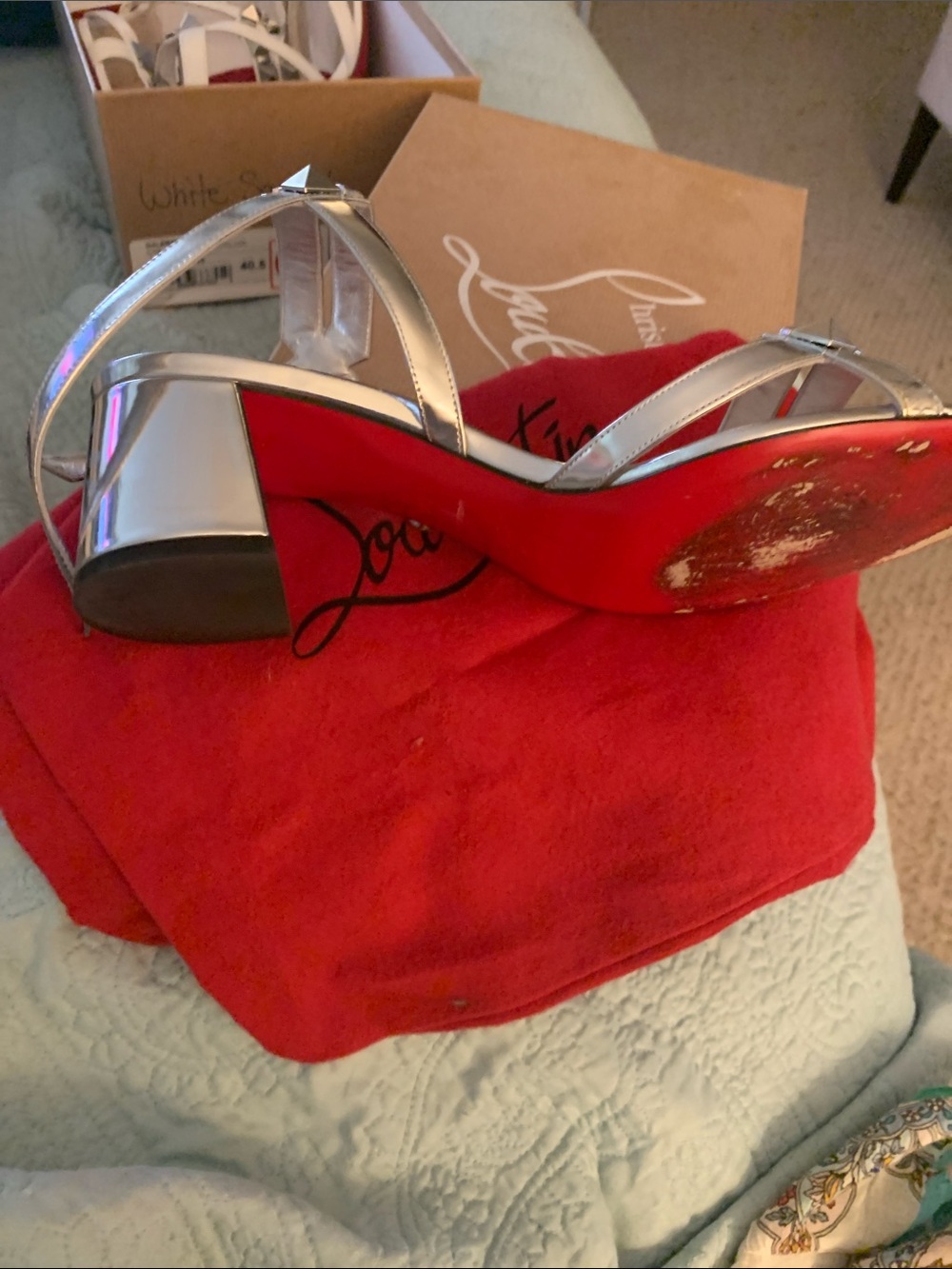 Christian Louboutin Metallic Silver Studded Block Heel Sandals - Picture 3 of 5